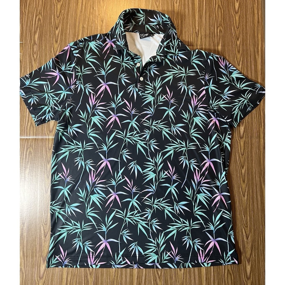 Sunday Swagger Bamboo Leaf Golf Polo Mens XL Black Blue Teal Tropical Stretch